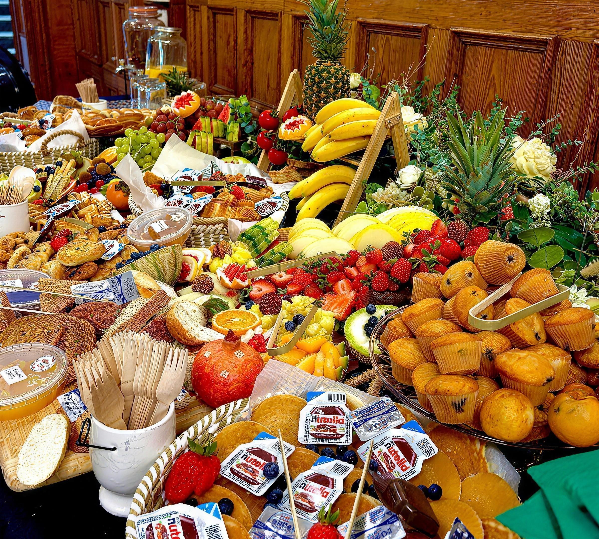 A long breakfast grazing table laid with pastries, muffins, pancakes, fresh fruit, pineapples and flowers