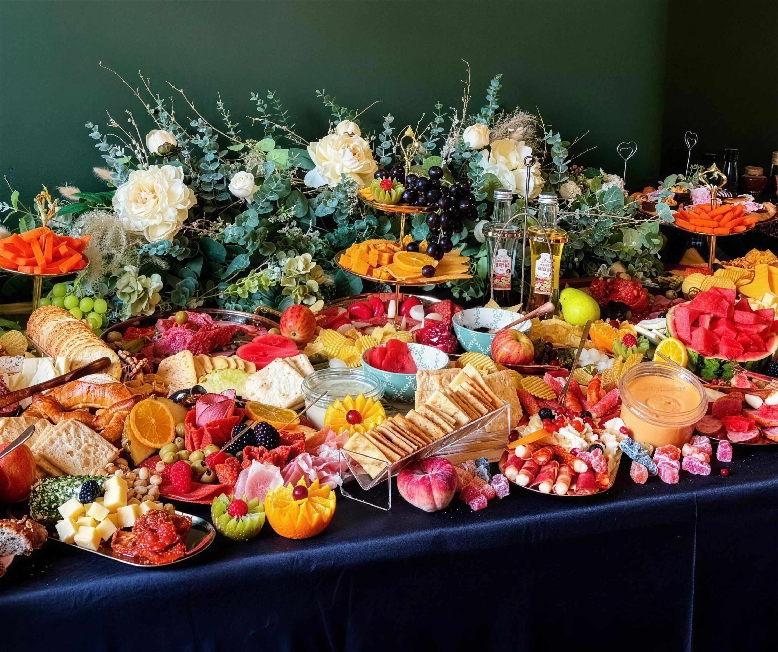 A full-length grazing table built by Kat's — breads, cheeses, cured meats, fresh fruit and flowers running the length of the table