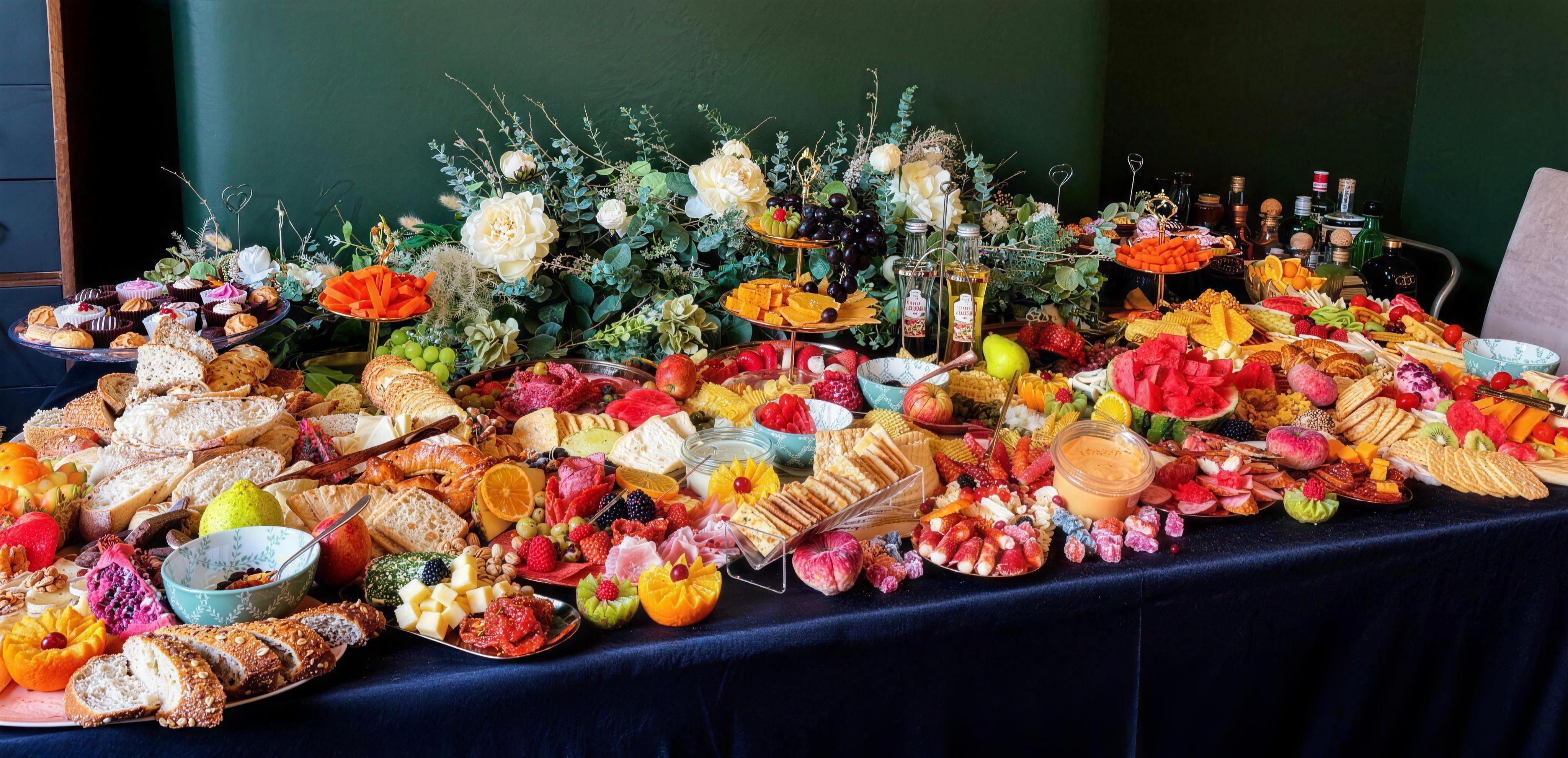 A full-length grazing table built by Kat's — breads, cheeses, cured meats, fresh fruit and flowers running the length of the table
